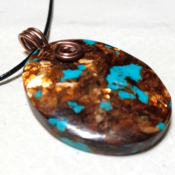 Turqoise copper bornite pendant necklace handmade jewelry blue brown swirled mix - Picture 2 of 5